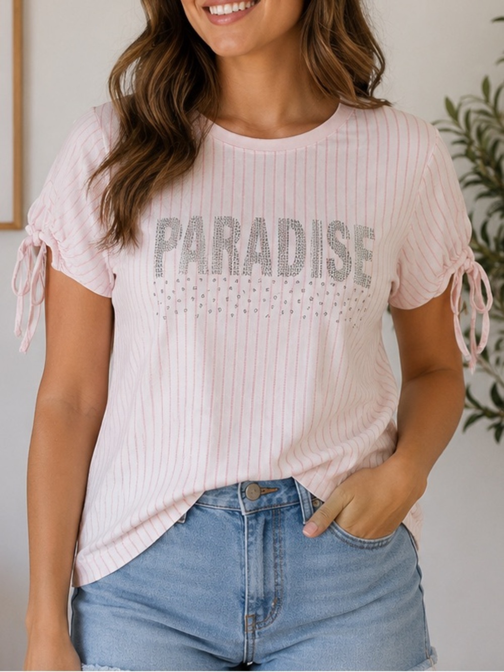 Octave Woman Paradise Pink Striped Tie Sleeve Tee Size Small